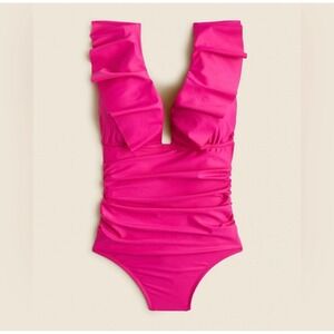 NEW J. Crew Ruffle Ruched‎ V Neck Full Coverage One Piece Swimsuit Fuchsia Sz 20